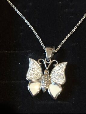 NEW HSN Silver Butterfly Pendant Necklace w/White Accents & CZ Rhinestones 18”